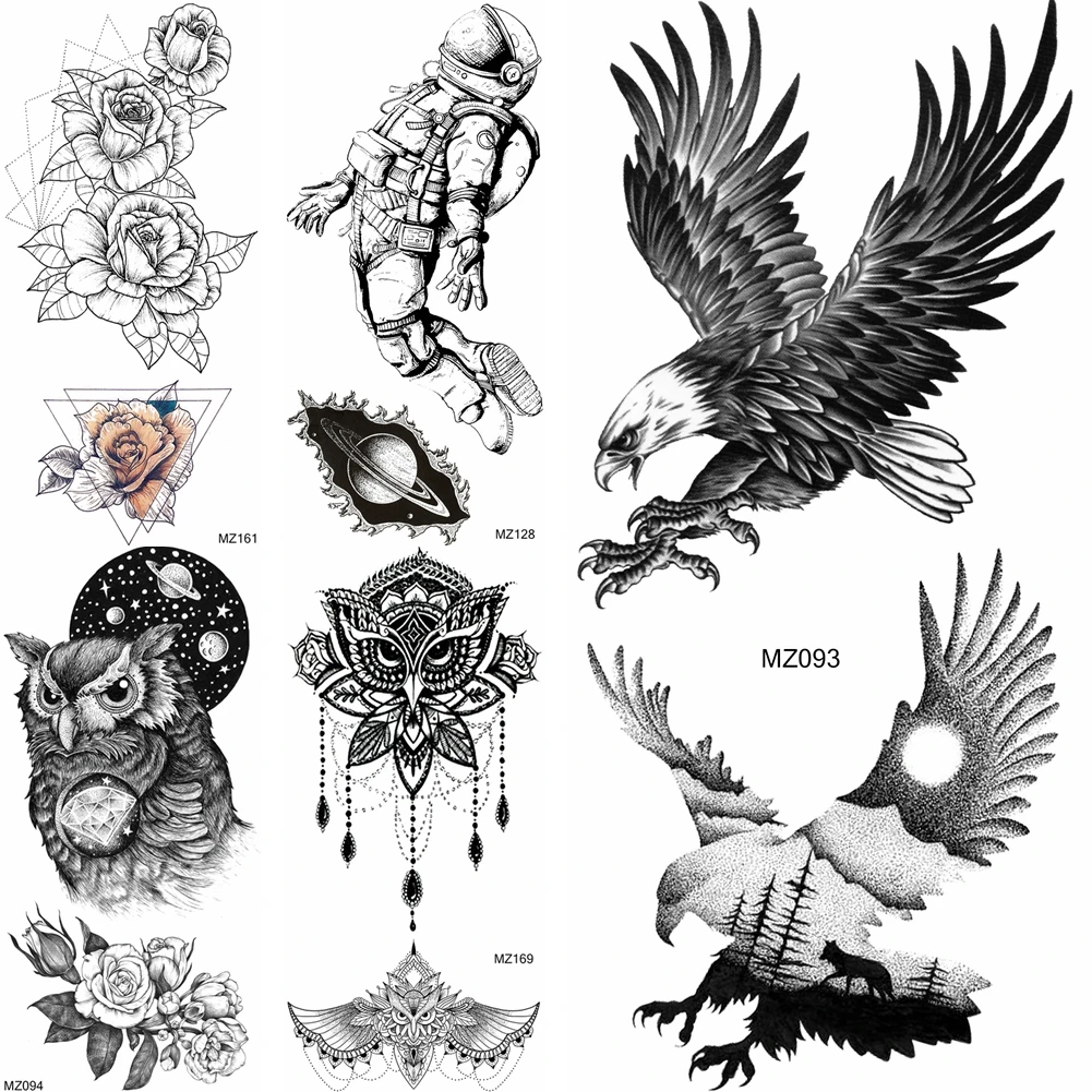 Черная сова Орлан астронавт мультфильм временная драгоценность тату наклейка