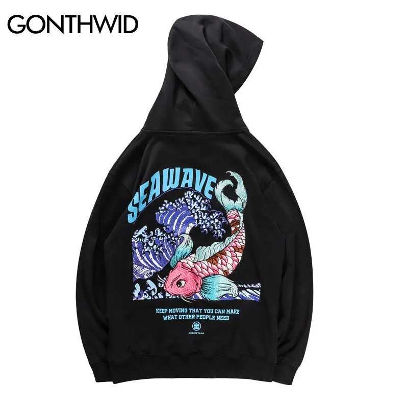 GONTHWID Embroidered Carp Koi Fish Seawave Print Hoodies Sweatshirts Harajuku Hip Hop Fashion Pullover Streetwear Tops | Мужская одежда