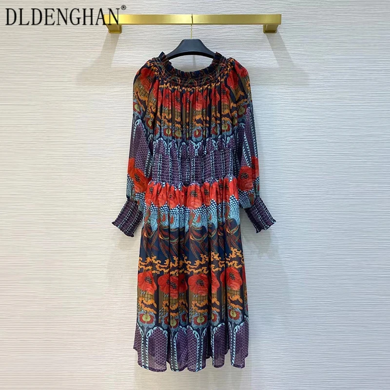 

Платье DLDENGHAN женское шифоновое с цветочным принтом, модный сарафан с круглым вырезом, рукавами-фонариками, эластичным поясом и складками, на...