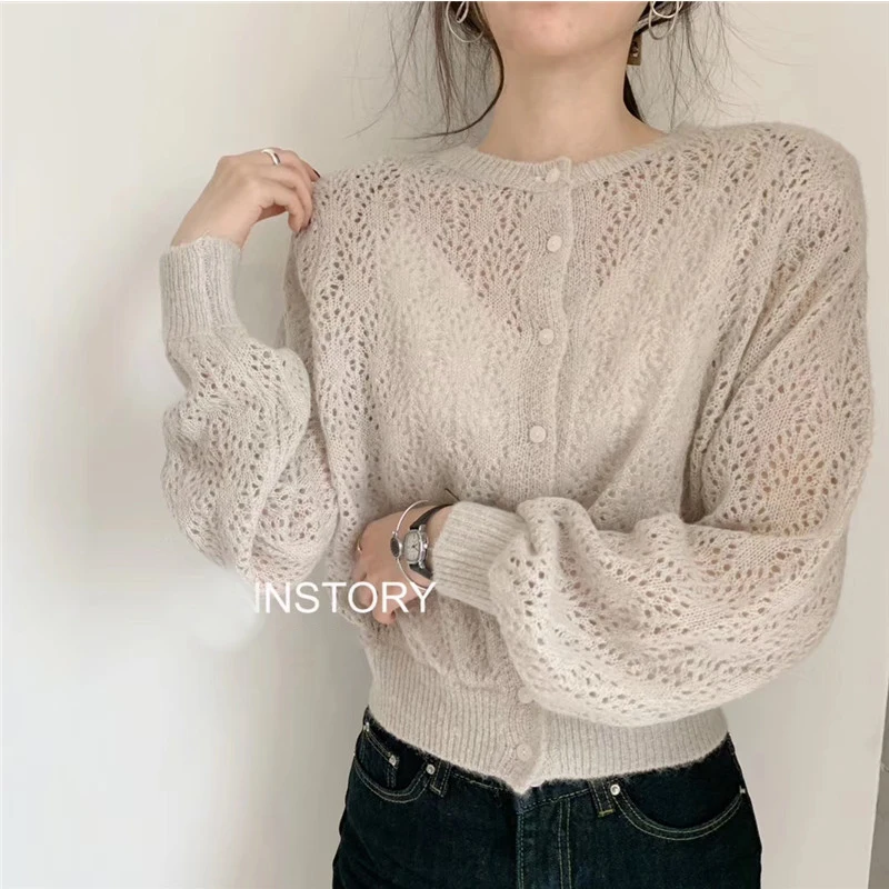

2021 Spring Autumn New Gentle Hollow Pattern Korean Round Neck Cardigan Jacket Women Knitting Loose Sweater Outwear