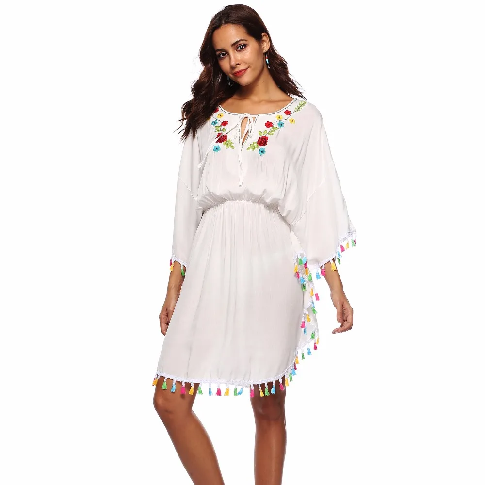 Белая хлопковая туника Пляжное Платье на шнуровке рукав летучая мышь высокая