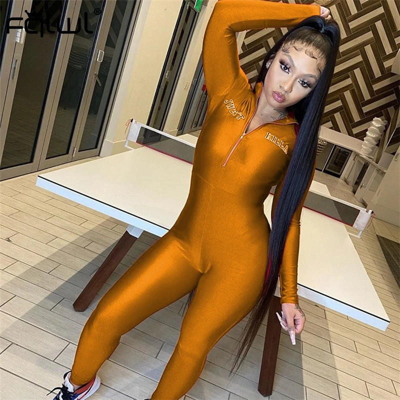 FQLWL Letter Print Streetwear Sexy Black Rompers Womens Jumpsuit Female Zipper Long Sleeve Bodycon One Piece Women 2020 | Женская одежда