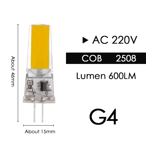 G4 2508 COB 6W 220V Светодиодная лампа G4 G9 E14, лампа с затемнением, COB SMD, AC DC 12 В, 220 В, 3 Вт, 6 Вт, 9 Вт, сменная галогенная лампа, прожектор, люстра, Bombillas - Испускаемый цвет: G4 2508 COB 6W 220V
