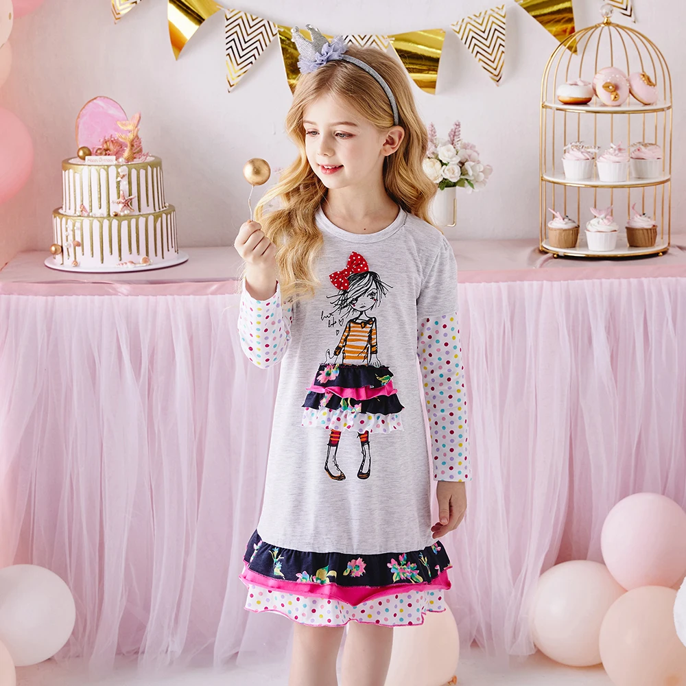 VIKITA Girls Dress Autumn Spring Girl Princess Casual Dresses Children Cotton Dress for Girls Long Sleeve Children Clothes