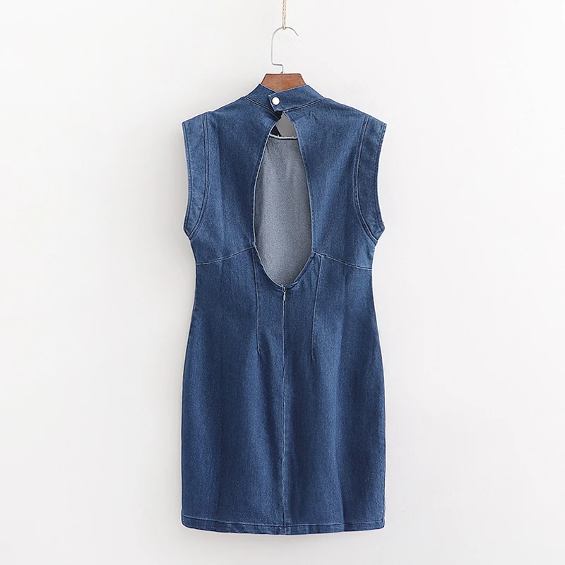 

EAYUCU Backless Denim Sexy Dress Women 2020 Summer Stand Collar Sleeveless Bodycon Short Dresses Ladies Party Dress Robe D448