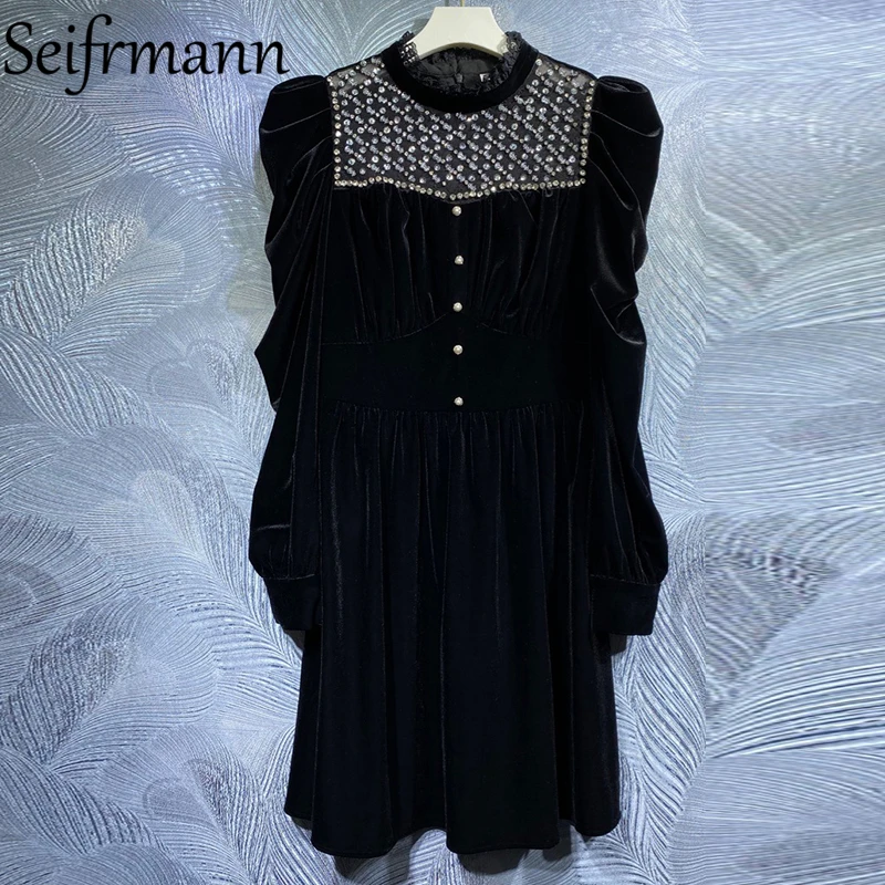 

Seifrmann New 2021 Autumn Women Fashion Runway Party Mini Dress Lantern Sleeve Gorgeous Crystal Beading High Waist Black Dresses