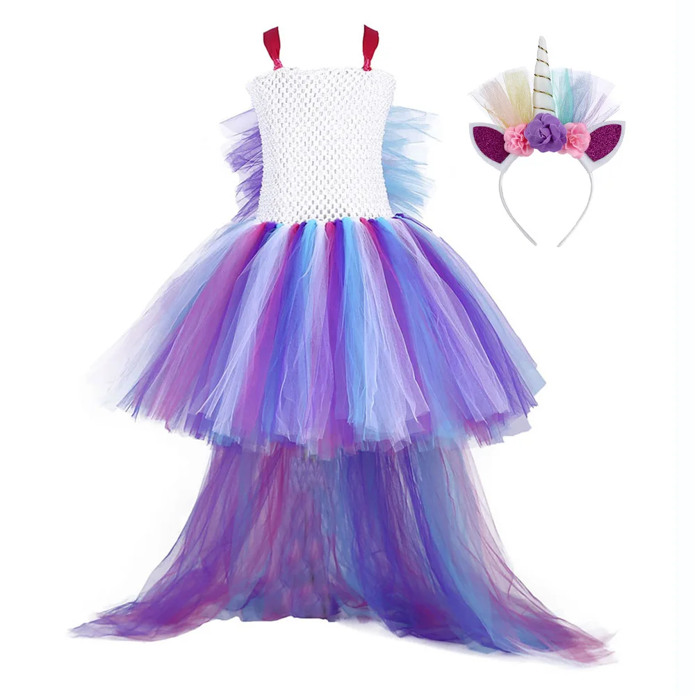 

Girls Unicorn Rainbow Dress Halloween Costume Kids Party Tutu Dress with Long Tail Tulle Wing Little Horse Birthday Pony Dress
