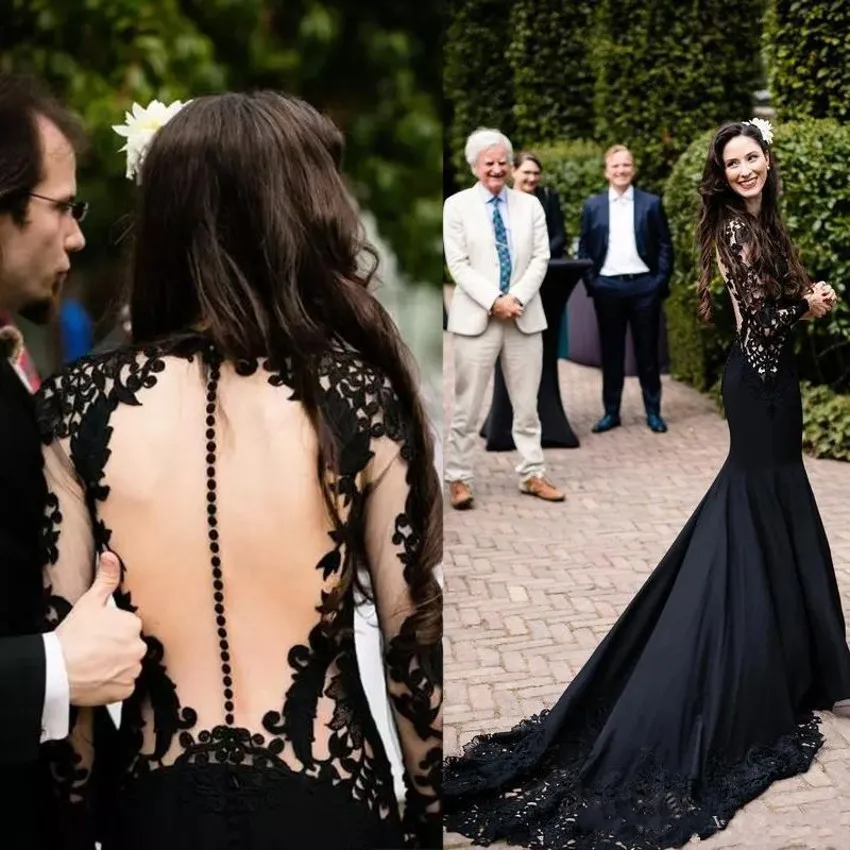 

New Arrival Gothic Black Plus Size Mermaid Wedding Dresses Long Sleeve Open Back Lace Applique Country Wedding Dress Bridal Gown