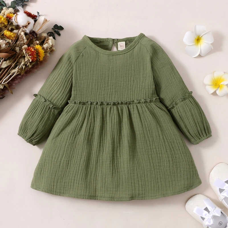 

Kids Girls Spring Autumn Dress, Long Sleeve Solid Color Round Neck Loose Short Dress, Green