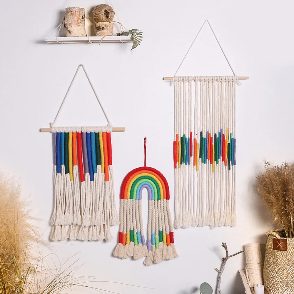 

1Pc Christmas Home Hanging Blanket Colorful Rainbow Pendant Woven Tassel Decor