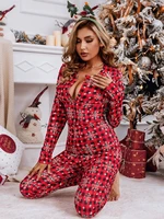 christmas plaid functional buttoned flap adults pajamas homerwear long sleeve jumpsuit lowcut v neck onesie skinny loungewear
