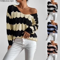 women knitted hoodie long sleeve v neck stripe color matching loose casual hollow new pullover tops spring autumn fashion wild