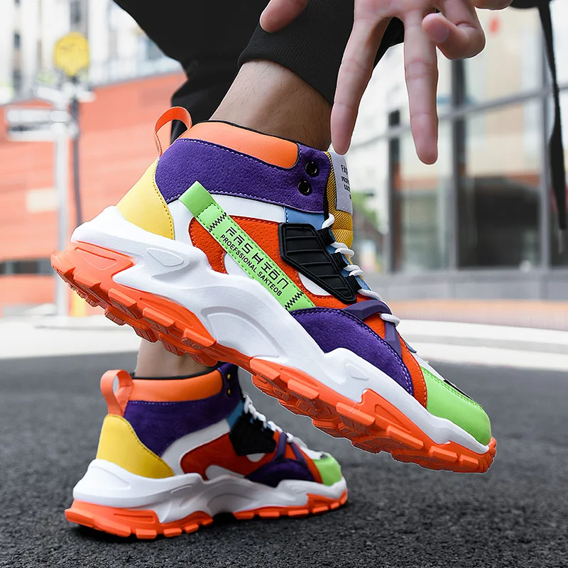 Spring Colorful Splicing Men's Running Shoes Fashion High Top Chunky Sneakers Men Sports Shoes Breathable Outdoor Mens Trainers