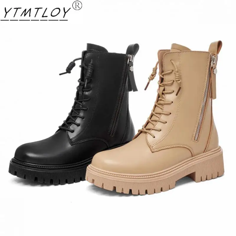 

2021 Fashion Spring Autumn Round Toe Ankle Boots Women's Lace-up Side Zipper Platform Rubber Sole Women's Boots Zapatos De Mujer