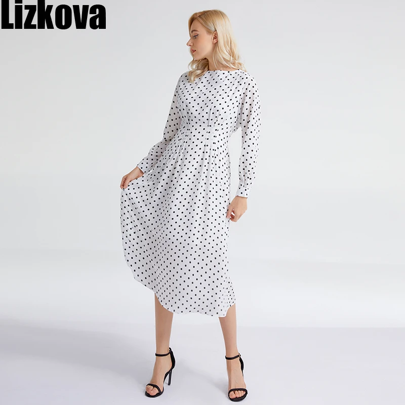 Lizkova в белый горошек шифоновое платье для женщин с длинным рукавом эластичной