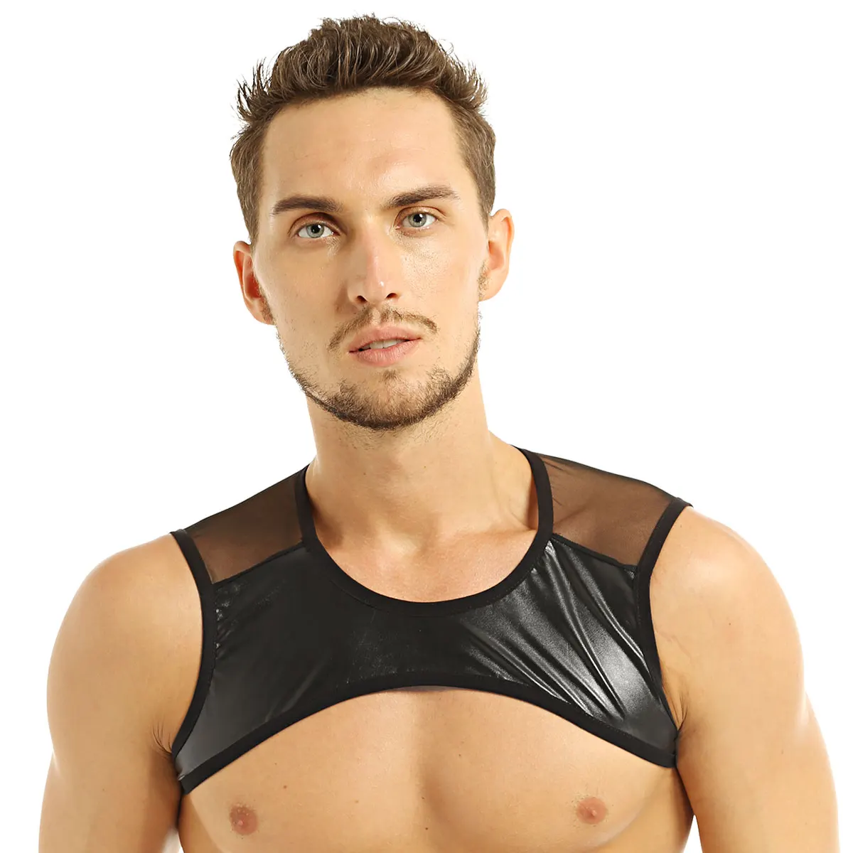 Латексная кожа жгут мужское белье лоскутное без рукавов Sheer Mesh Muscle половина майка жилет Клубная одежда сценический костюм укороченные топы
