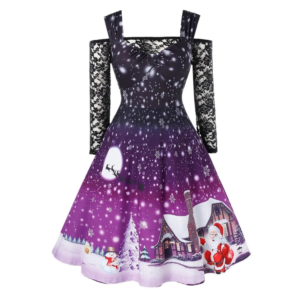 Purple Vestidos ropa mujer, рождественское платье, женская Кружевная футболка с открытыми плечами, лоскутное рождественское платье с принтом, винтажное праздничное платье roupa - Цвет: Purple