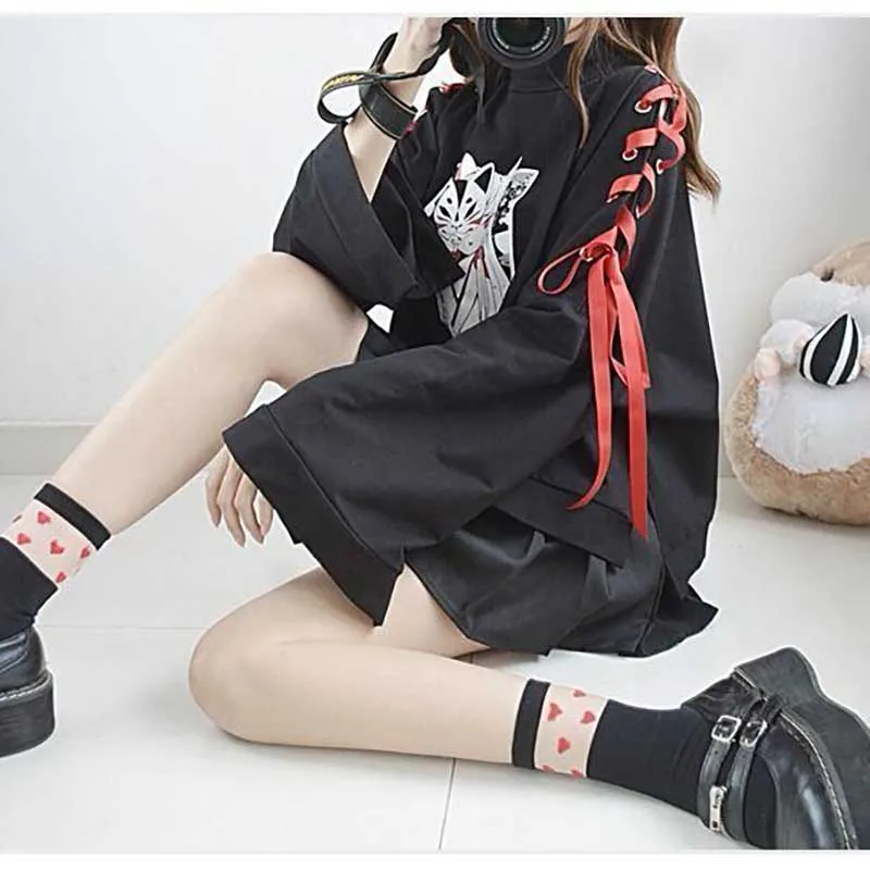 

Japanese Lolita Vintage Harajuku Anime Fox Print Lace-up Long Sleeve Hoodie Shirts Dark Girl Punk Street Sweatshirt Tops