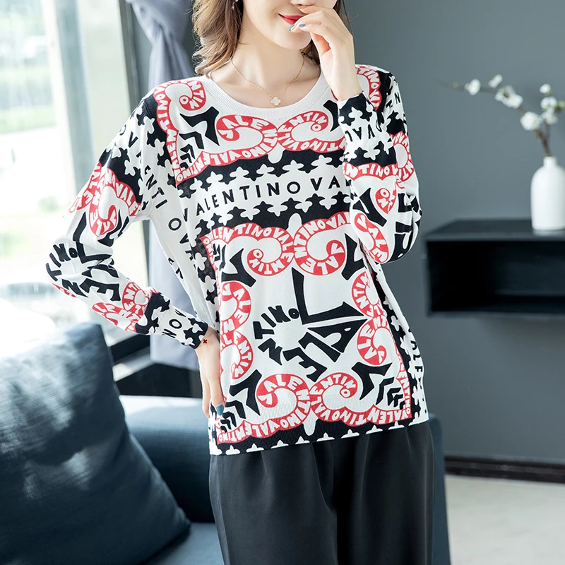 Sweater Tops Pullover Women O-neck Loose Autumn High Quality Female Color Printed Knitted Elegant Jumper Sueter | Женская одежда