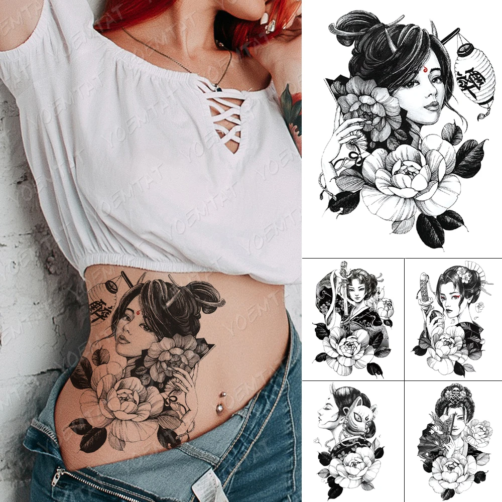

Waterproof Temporary Tattoo Stickers Japanese Geisha Peony Flower Fan Flash Tattoos Woman Sketch Body Art Fake Sleeve Tatoo Men