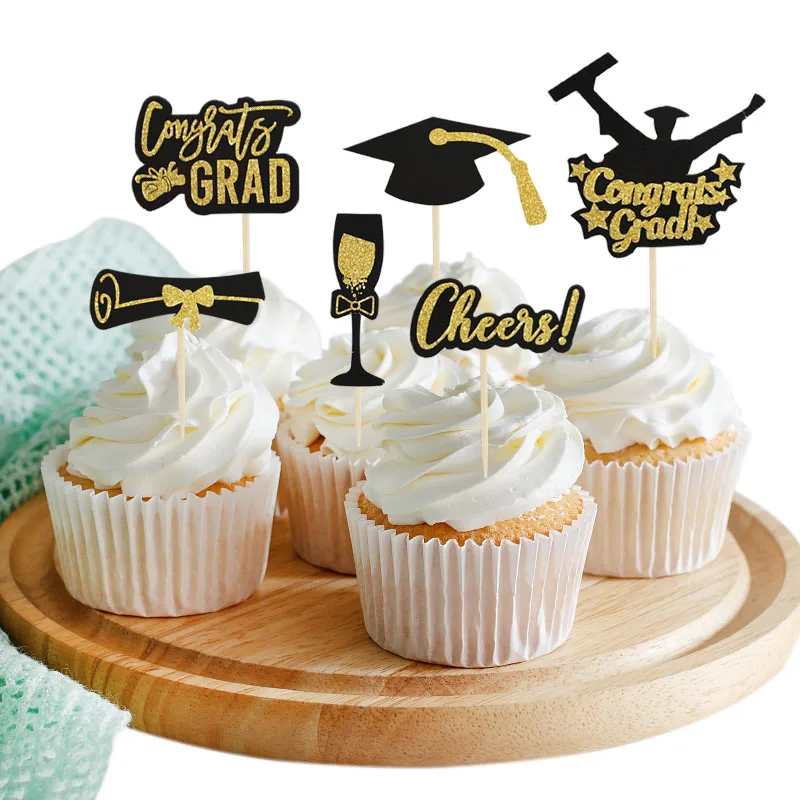 

Graduation Party Gold Black Congraduats Grad Bachelor Cap Cupcake Toppers Picks Gradulate Birthday Party Favors Cake Wrapper