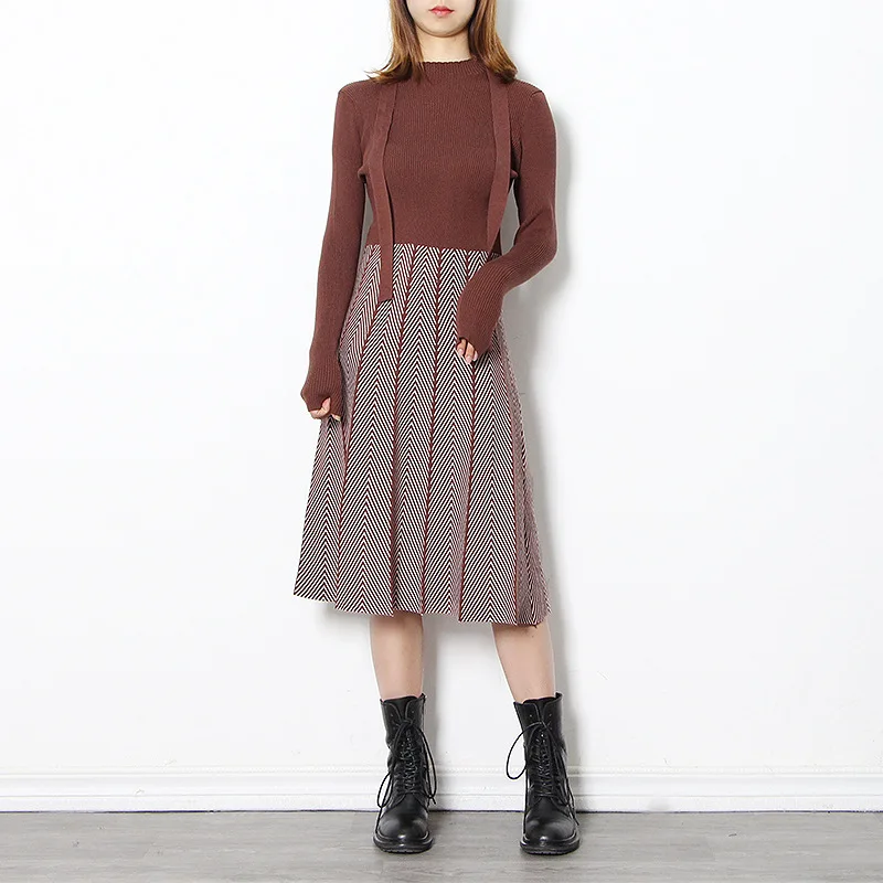 

MSXU 2020 Winter Women's New Elegant Half High Neck Knitted Dress Stitching Contrast Color Lace Thin Women's Dress