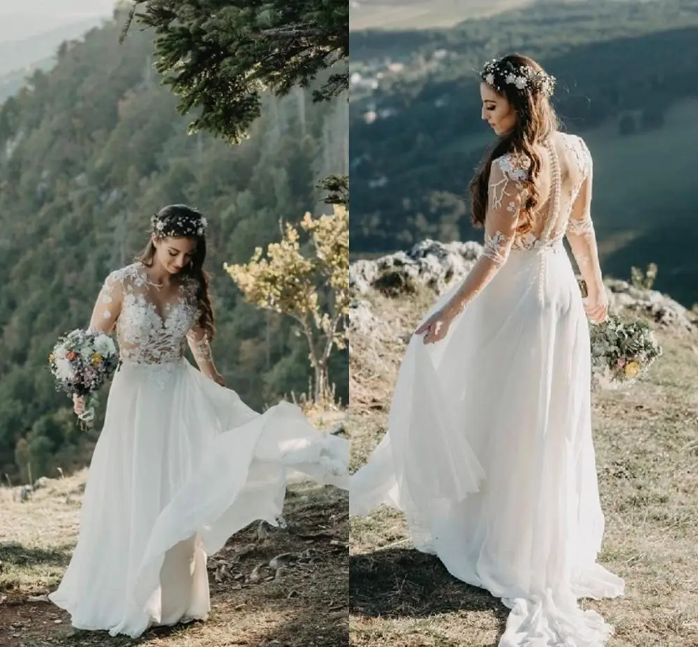

Bohemian Vintage Wedding 2021 Boho Long arm Beach Bride Chiffon Brid Dress Simple A-Line Vestido De Noiva