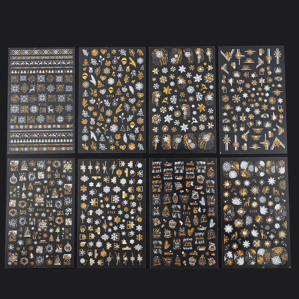 

8 шт./компл. 3D Рождественская серия Лось Снежинка блестящие золотые белые наклейки для ногтей зимние DIY маникюрные наклейки Набор слайдеров