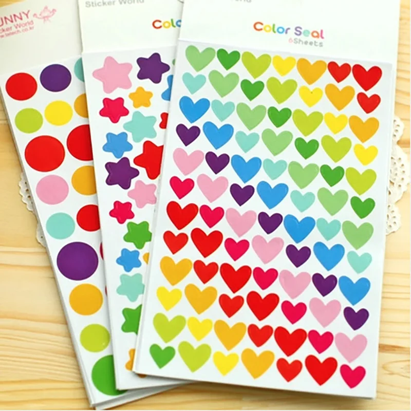 6 hojas de pegatinas para diario, pegatinas redondas de forma de estrella de amor para la escuela, pegatinas para &aacute;lbum de recortes para ni&ntilde;os, pegatinas para &aacute;lbum de recortes-1