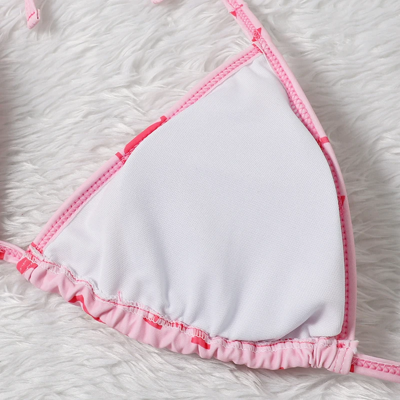 

Bikini 2021 Set Swimming Suit for Women 3 Piece Sexy Striped Halter Neck Naked Back Pink Bathing Designer Swimwear High Waist