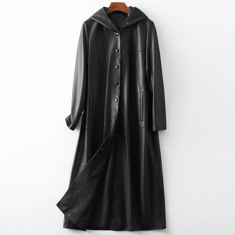 

Женская ветровка из натуральной кожи, черная свободная длинная куртка из овечьей шкуры, однобортная Повседневная куртка с капюшоном, осень ...
