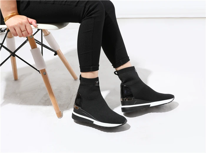 New Knitted Shoes Women High Top Women's Sock Sneakers Spring Women Knit Breathable Shoes Female Platform 6CM