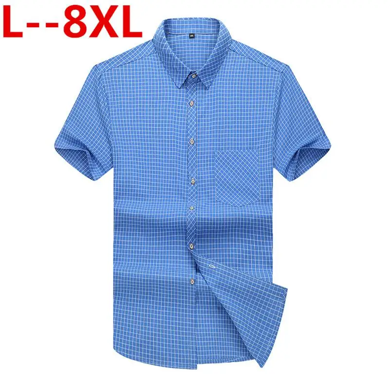 

6XL Small Plaid Shirt 8XL Men Summer New Short Sleeve Cotton Mens Dress Shirts Casual Button Down Chemise Homme Camisa Masculina