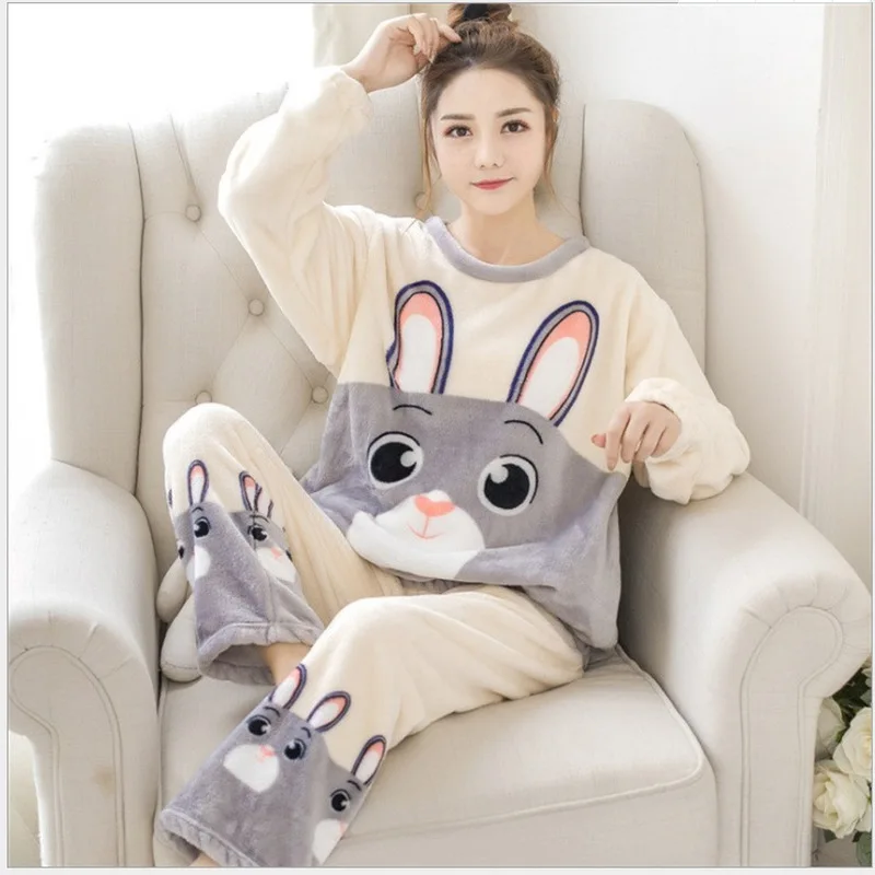 2PCS Autumn Winter Stripe Flannet Coral Velvet Women Night Sleepwear Soft Pajamas Homewear Set