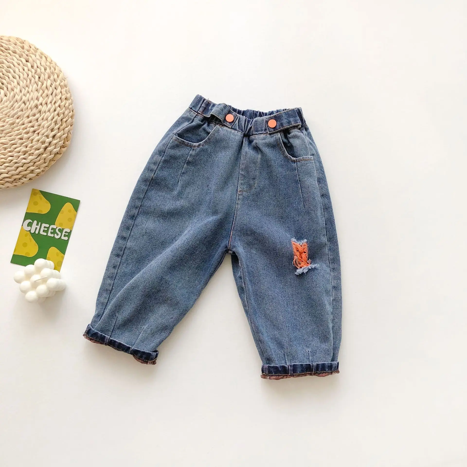 

Spring New Arrival Korean style casual cotton fashion all-match loose jeans long pants with hole for cool cute baby girls