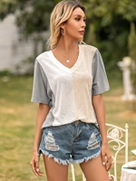 womens v neck short sleeved splicing cotton and linen series casual fashion loose comfortable shirt
