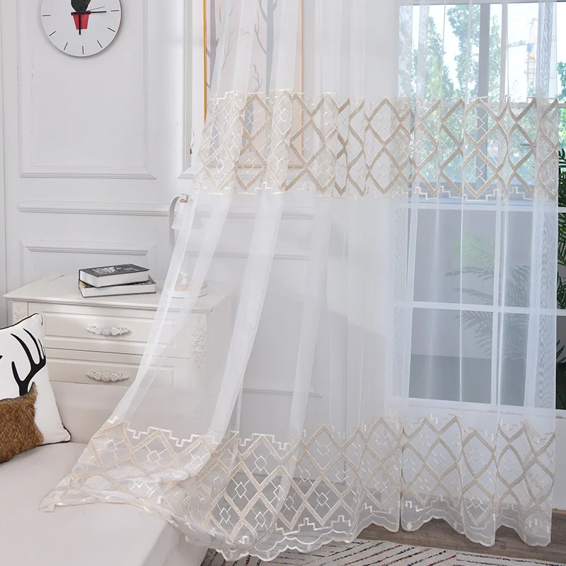 

French Luxury Window Screen White Rope Embroidered Tulle Curtain Geometry Embroidery Sheer Voile For Modern Living Room #4
