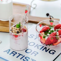 300ml strawberry cute glass cup with straw creative transparent water cup student milk heat resistant glass nana