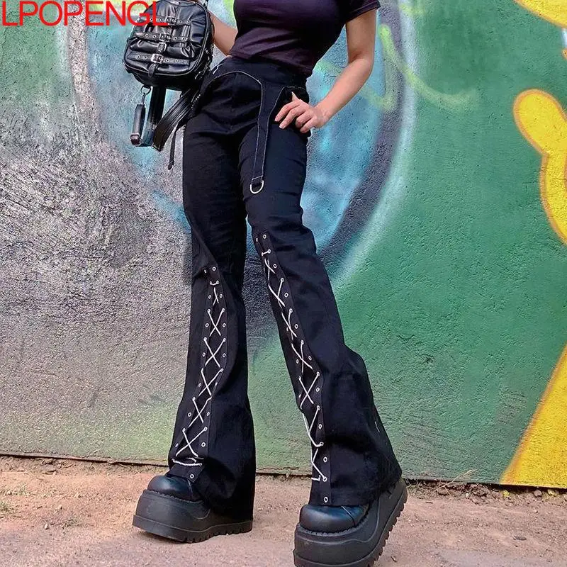

Новинка 2021 черные готические расклешенные брюки-карго E-Girl Techwear ушко Галка стук в стиле панк джоггеры темные академические гранж женские сп...