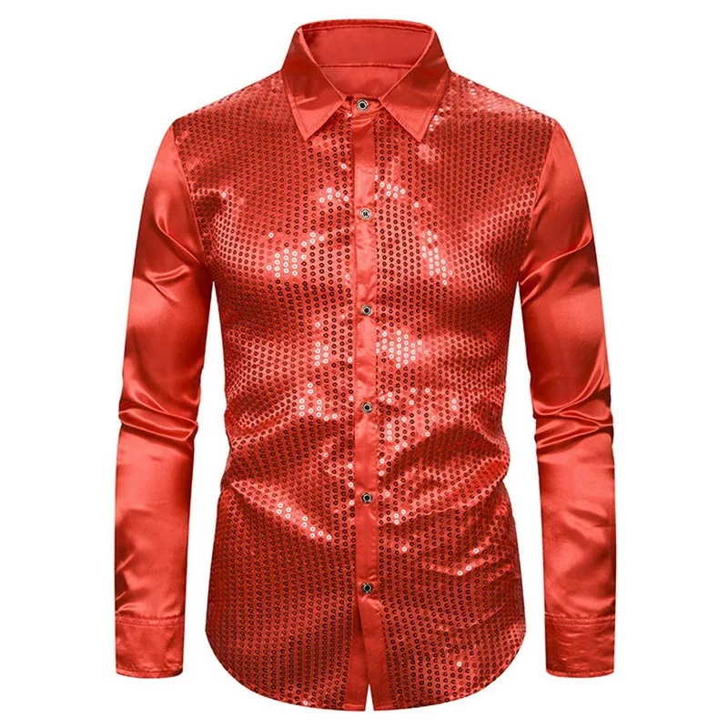 HEFLASHOR Мужские Роскошные блестящие рубашки с блестками и длинными рукавами из