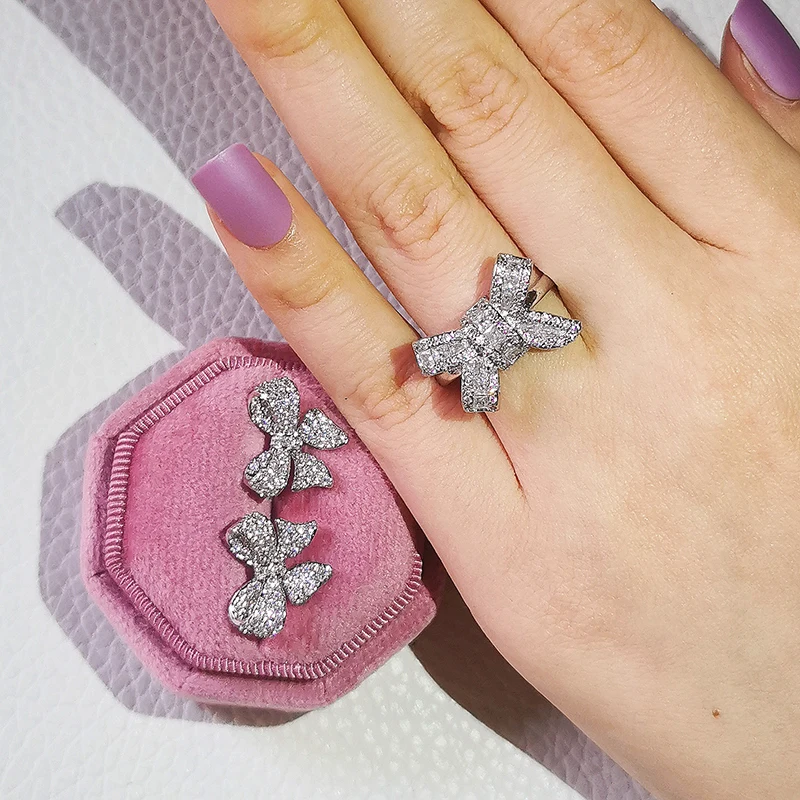 

2pcs Pack silver color bride Bowknot Cut Zircon Jewelry Set Engagement Ring Stud Earring For Women Gift J6028