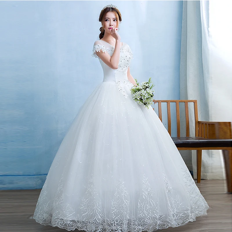 

Shiny Crystal Wedding Dress CR706 O-Neck Short Sleeve Vestidos De Novia Embroidery Formal Bridal Dresses Lace Up Wedding Gowns