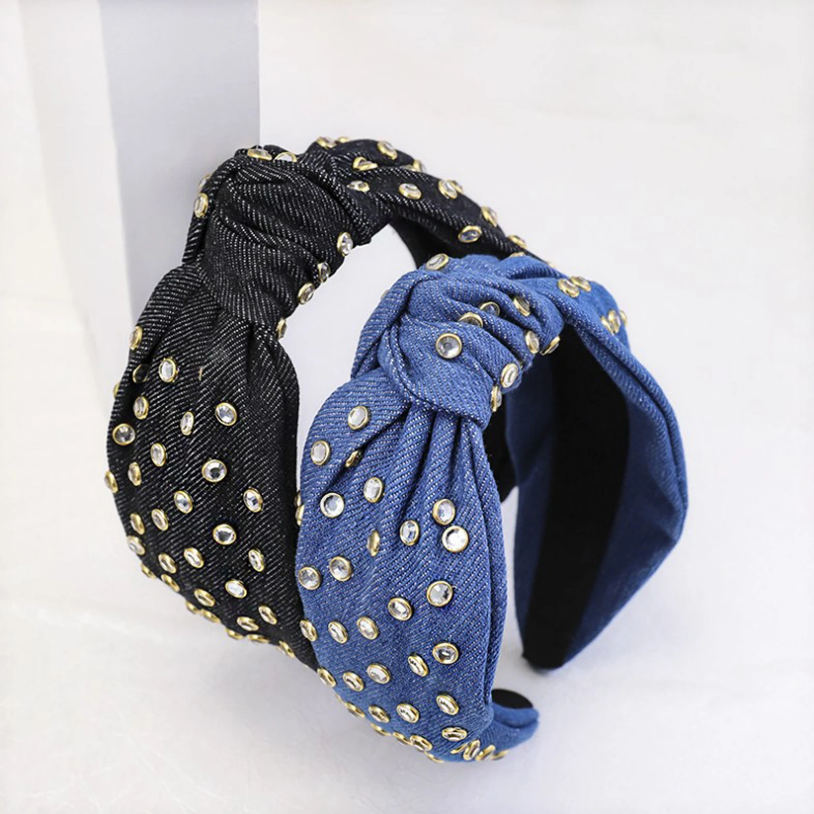 

New Thicken Denim Headband Women Blue Classic Hairband Shining Rhinestone Hair Accessories Adult Autumn Headwear