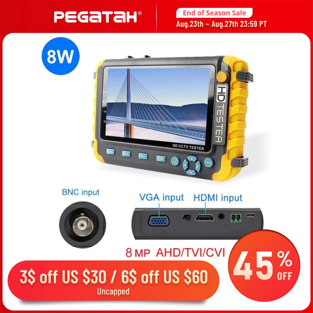 

Pegatah 8MP CCTV тестер 5 дюймов портативный мини монитор безопасности камера тестер AHD CVBS cctv kamery HDMI VGA R485 видео cftv тестер
