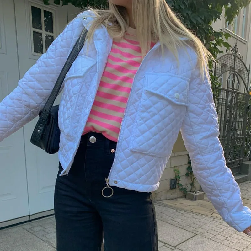 2021 Autumn Winter Slim Zipper Pocket Woman Jacket Solid Plaid Lapel Jacket Women's Clothing Women's Fashion Zipper Cotton Coat