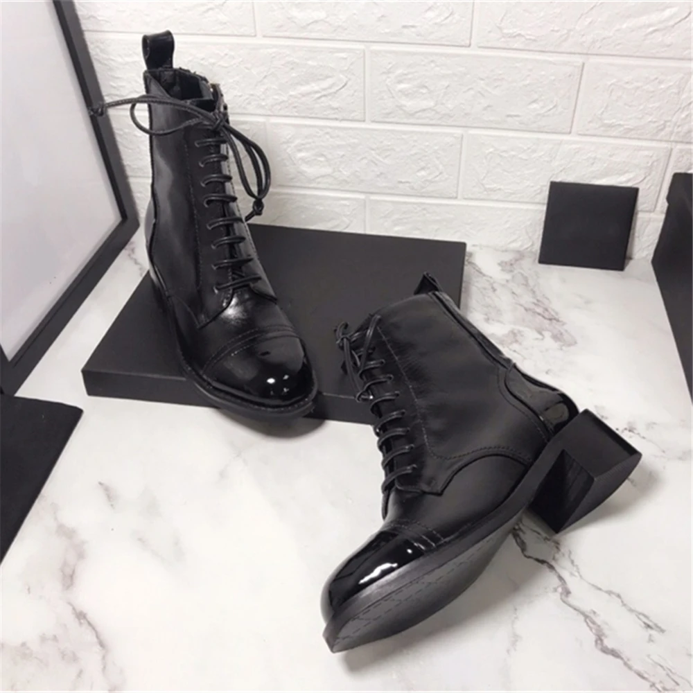 New Genuine Leather Lace Up Women Spring Autumn Boots Round Toe Thick Heel Ankle Shoes White and Black Size35-40 | Обувь