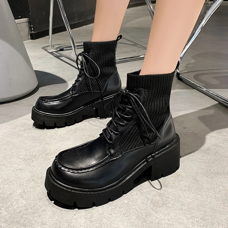 

Женские ботинки-носки из трикотажа, черные или бежевые ботильоны на массивной платформе, в готическом стиле, на высоком каблуке, осень 2021