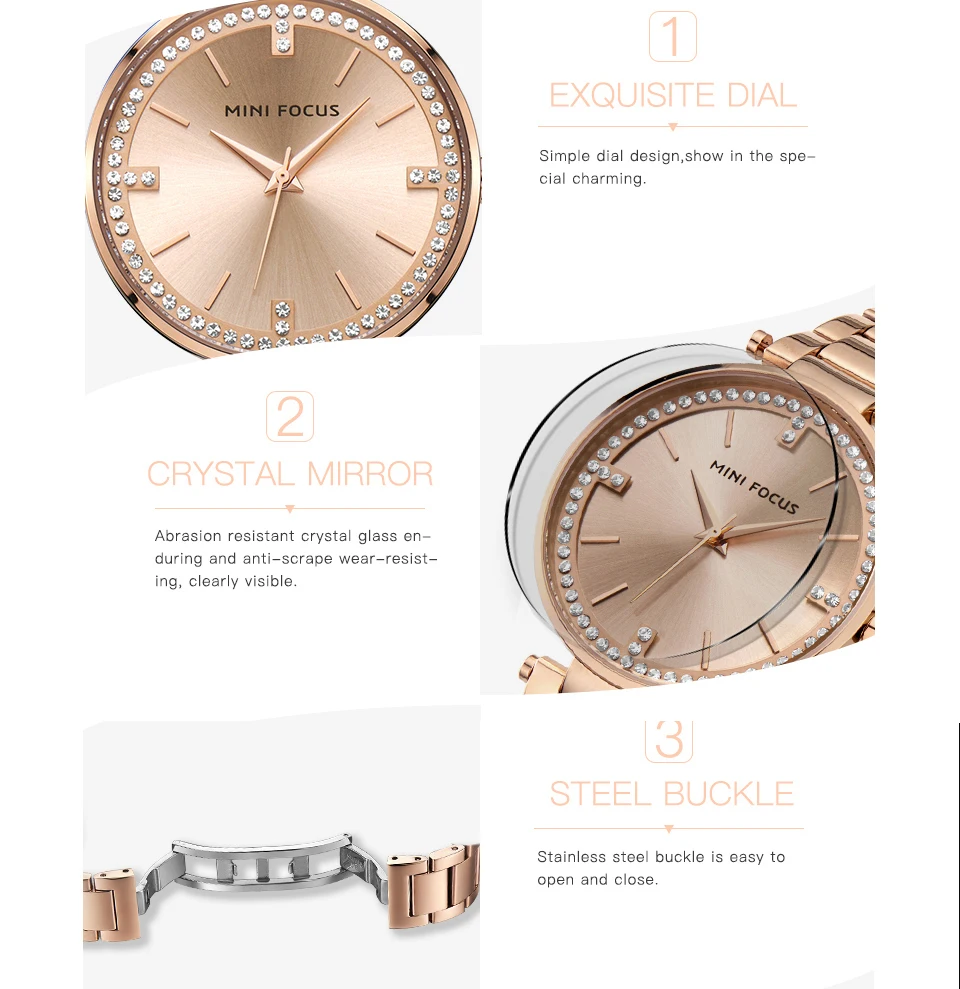 MINIFOCUS 2018 женские часы Лидирующий бренд Роскошные Кварцевые розовое золото