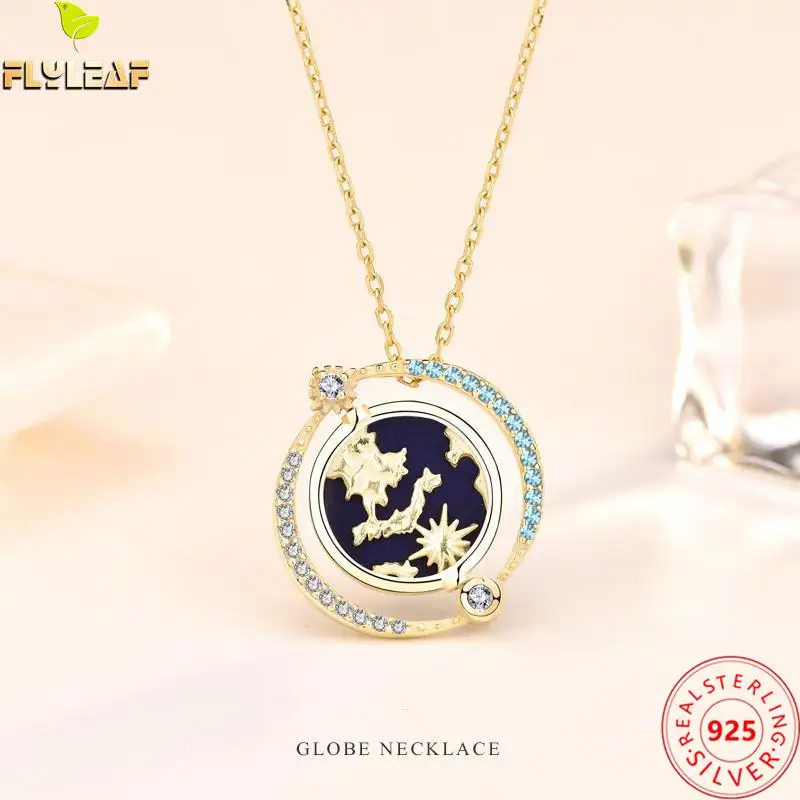 

100% 925 Sterling Silver Necklace For Women Star Orbit Earth Moon Lapis Lazuli Zircon Necklaces & Pendants Chain Fine Jewelry