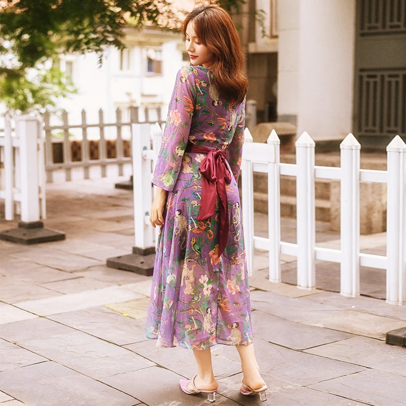 

Printed Chiffon Dress Summer High Waist Lace-Up Flare Three Quarter Sleeved Holiday Bohemian Flower Long Women's Clothing